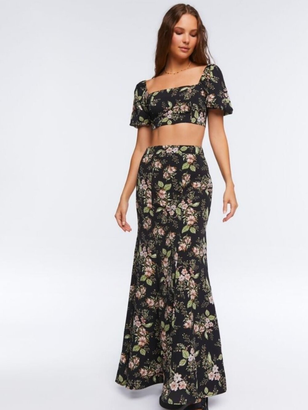 Forever 21 Floral Print Crop Top & Skirt Set Black/Multi